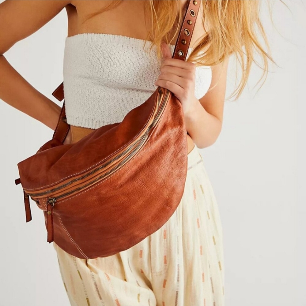 Free People Rust Brown Leather Crossbody Sling Bag